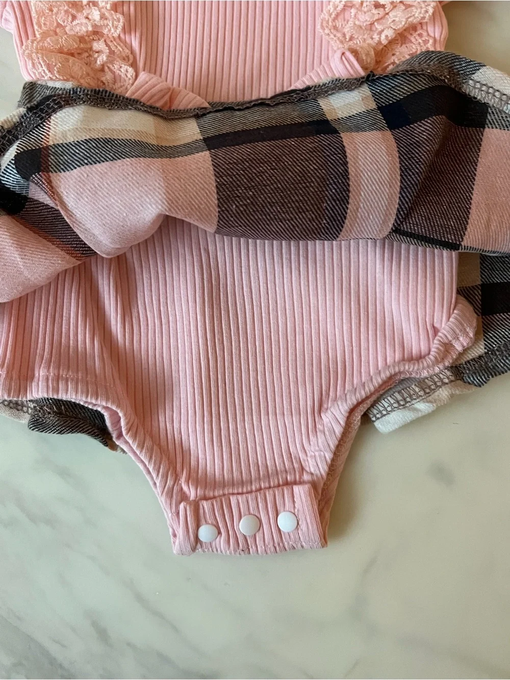 Baby Girl Pink Plaid Lace Ruffle Skirted Romper With Headband 6-9M